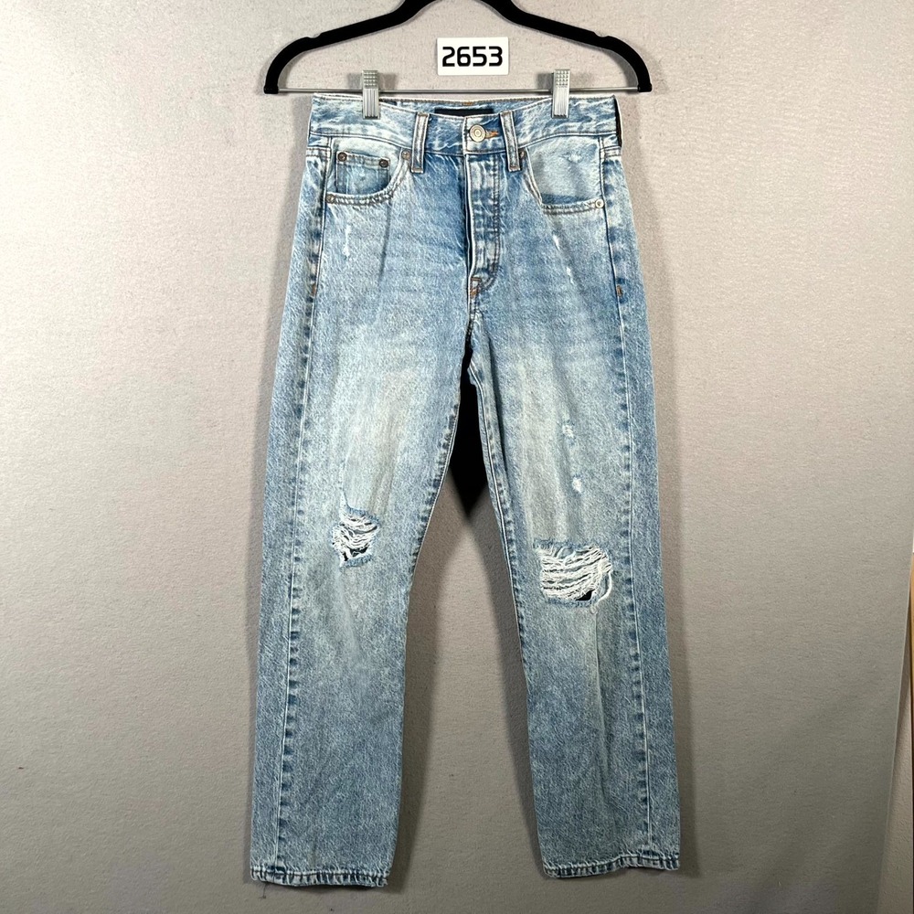 Aero Jeans Womens 000 Blue Denim Cotton Distressed Button Fly‎ Straight Leg